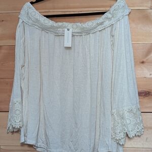 Anthropologie Ari+Ali Women's Cream Lace Trim Off-Shoulder Top